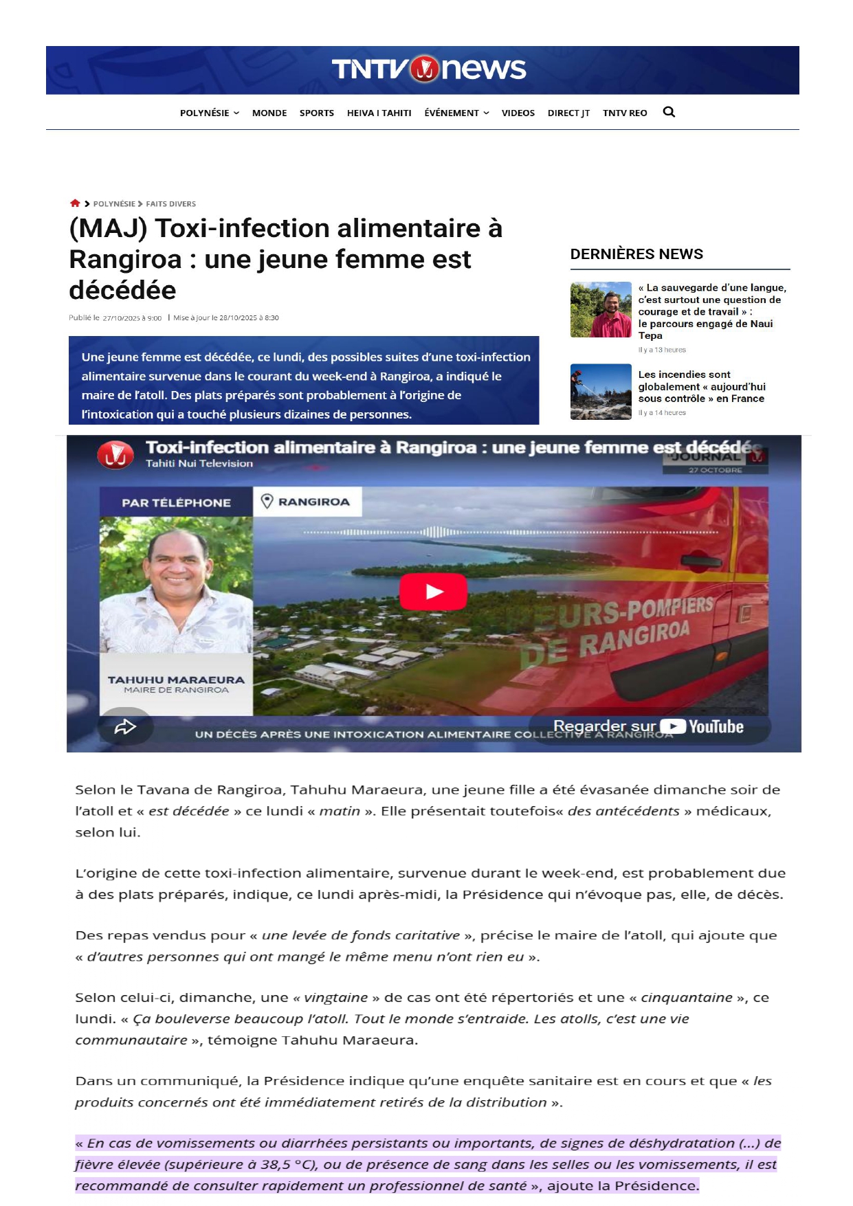 Toxi-infection alimentaire à Rangiroa : une jeune femme est décédée